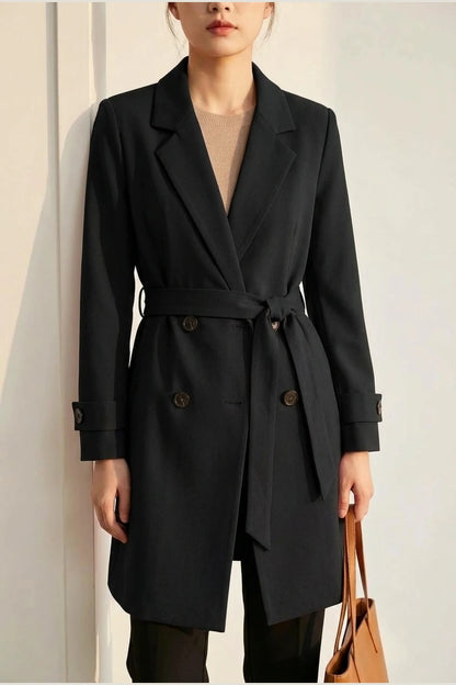 Women's Blazer Coat with Belt and Button Cuff Detail — variant_front