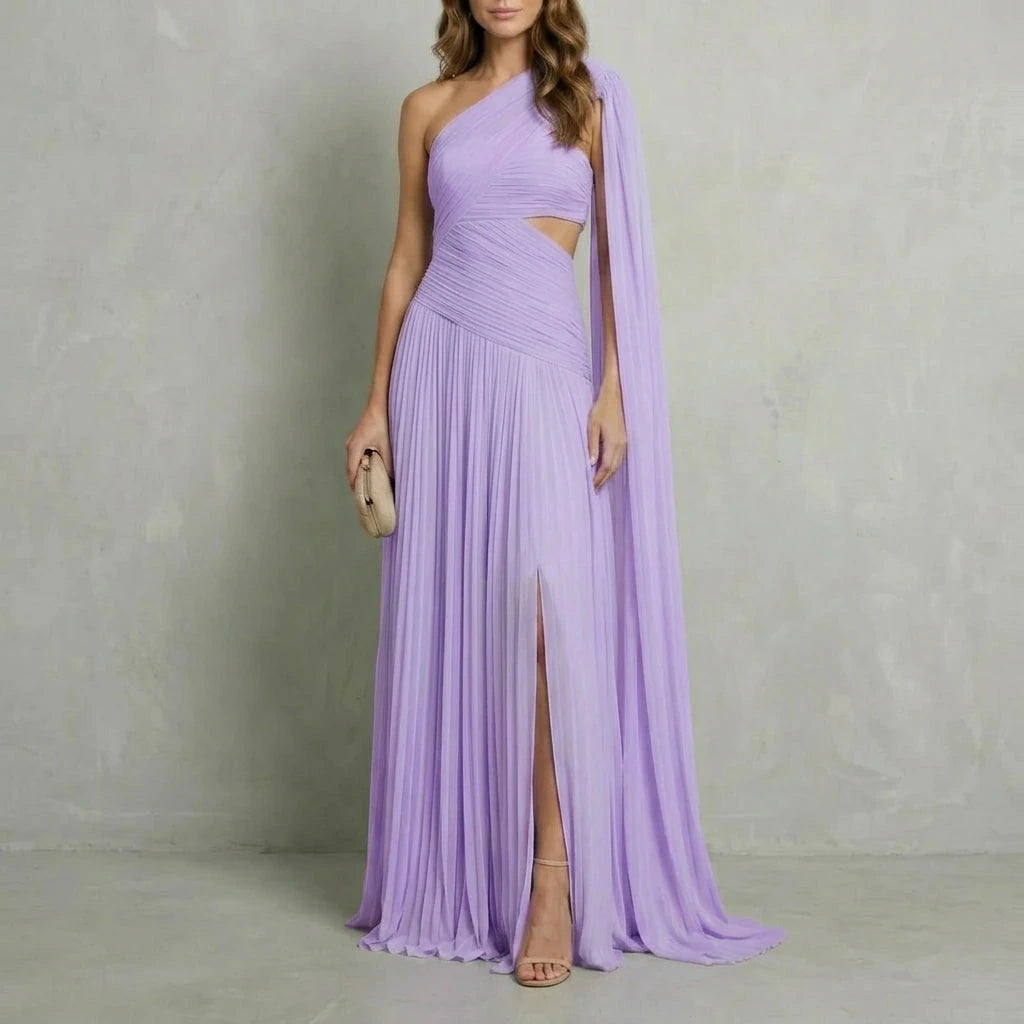 Ethereal Chiffon Drape Maxi Dress One-Shoulder Ruched Waist High Slit