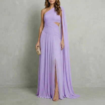 Ethereal Chiffon Drape Maxi Dress One-Shoulder Ruched Waist High Slit