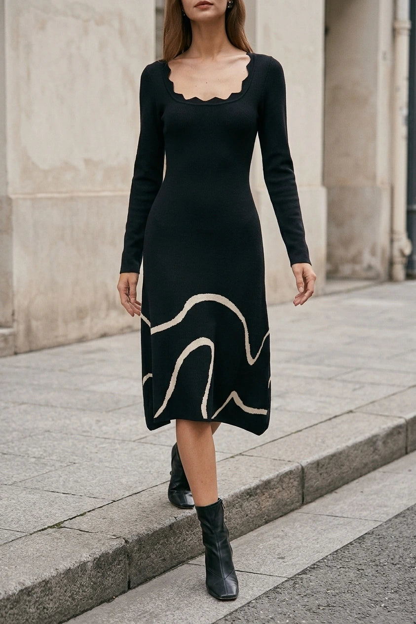 The Black Wave Scalloped Sweater Midi Dress — variant_front
