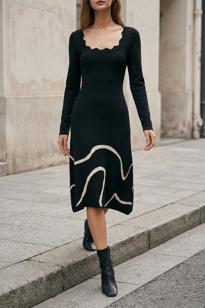 The Black Wave Scalloped Sweater Midi Dress — variant_front