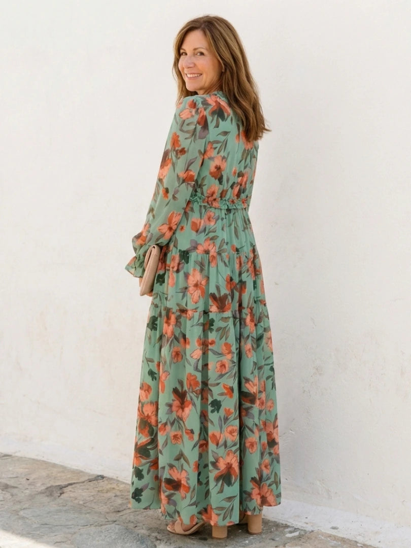 Elena | Long Sleeve V Neck Floral Maxi Dress