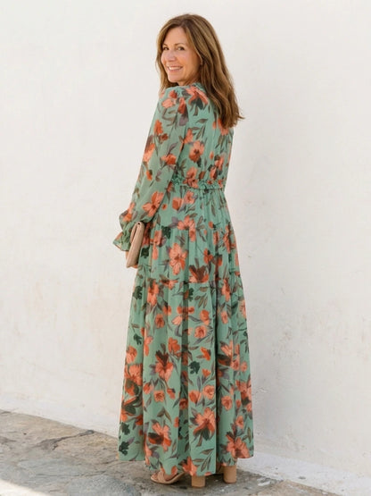 Elena | Long Sleeve V Neck Floral Maxi Dress