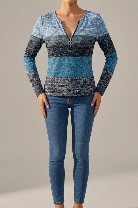 Striped Long Sleeve Top with Quarter Zip Neckline — variant_front