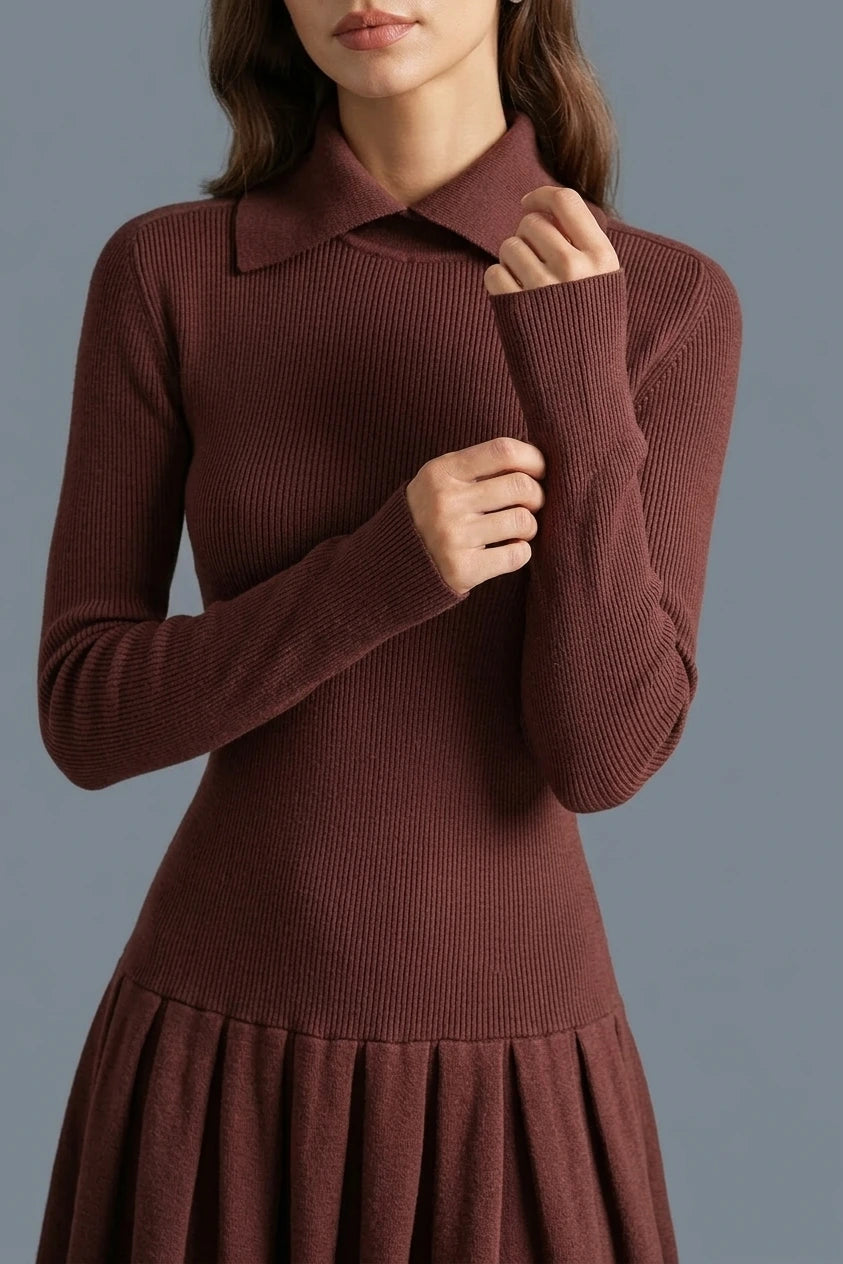 Coffee A-Line Pleated Sweater Dress — variant_front
