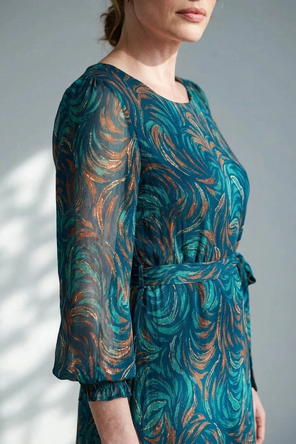Abstract Long Sheer Sleeve Maxi Dress, Belted Waist, Round Neck