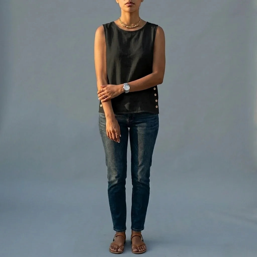Casual Linen Tank Top with Button Side Detail — variant_front