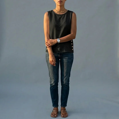 Casual Linen Tank Top with Button Side Detail — variant_front