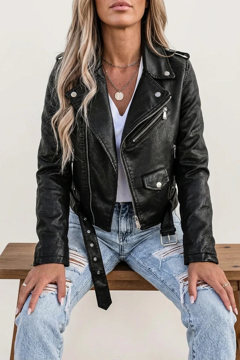 Black Faux Leather Biker Jacket with Asymmetric Zip and Belt — variant_front