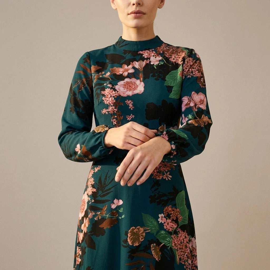 Floral High Neck Midi Dress With Long Sleeves And A-Line Skirt