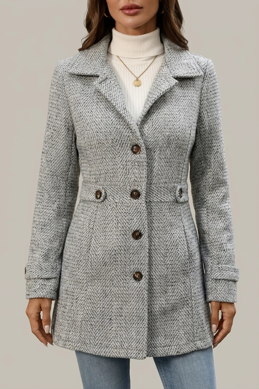 Grey Herringbone Wool Coat with Cinched Waist — variant_front