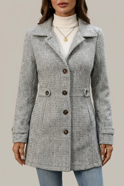 Grey Herringbone Wool Coat with Cinched Waist — variant_front