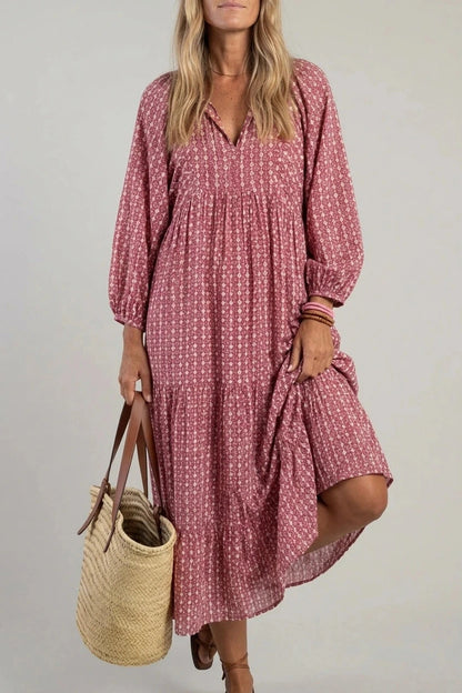 Geometric Print Long Sleeve Midi Dresses V-Neck Tiered Hem