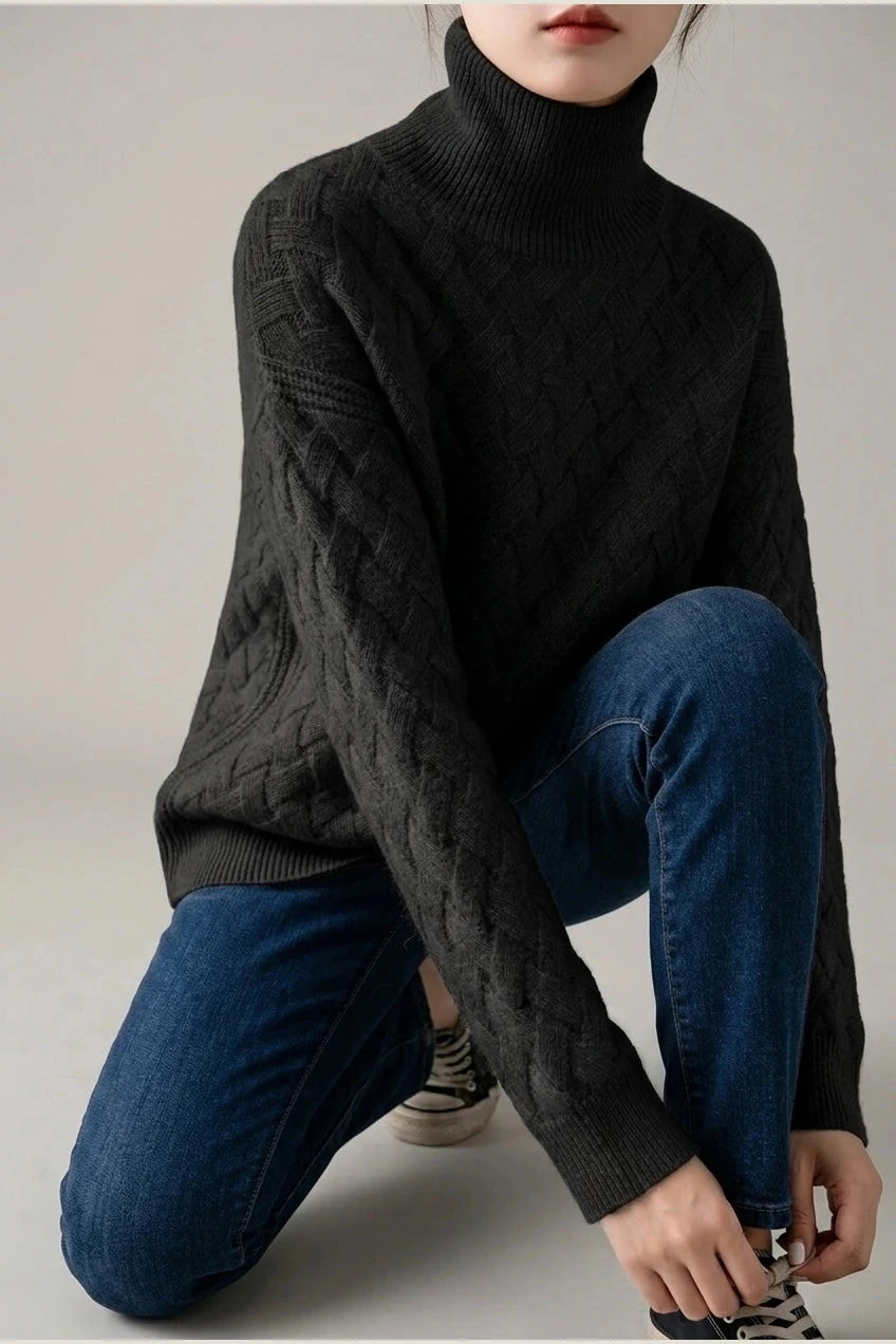 Cozy Oversized Turtleneck Sweater Cable Knit Chunky Jumper Relaxed Long Sleeve