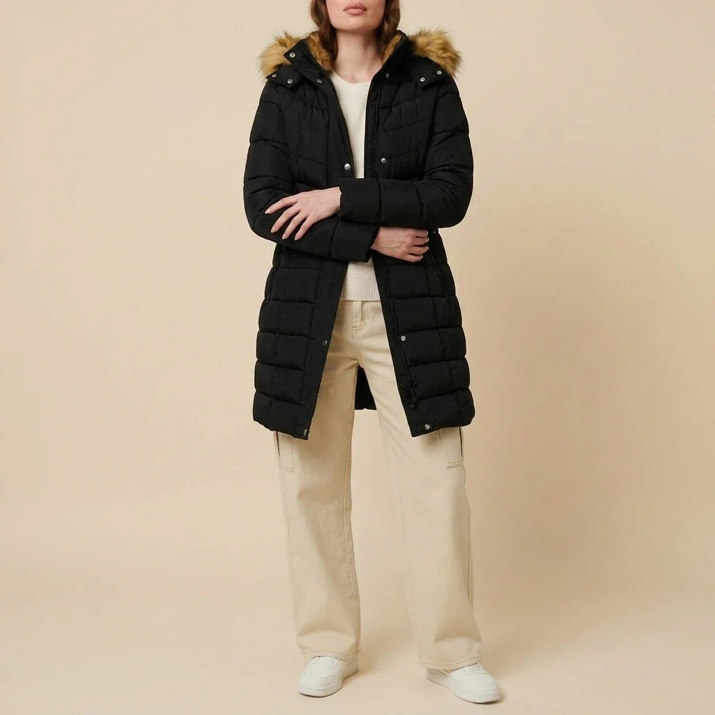 Hooded Faux Fur Trim Longline Jacket — variant_front