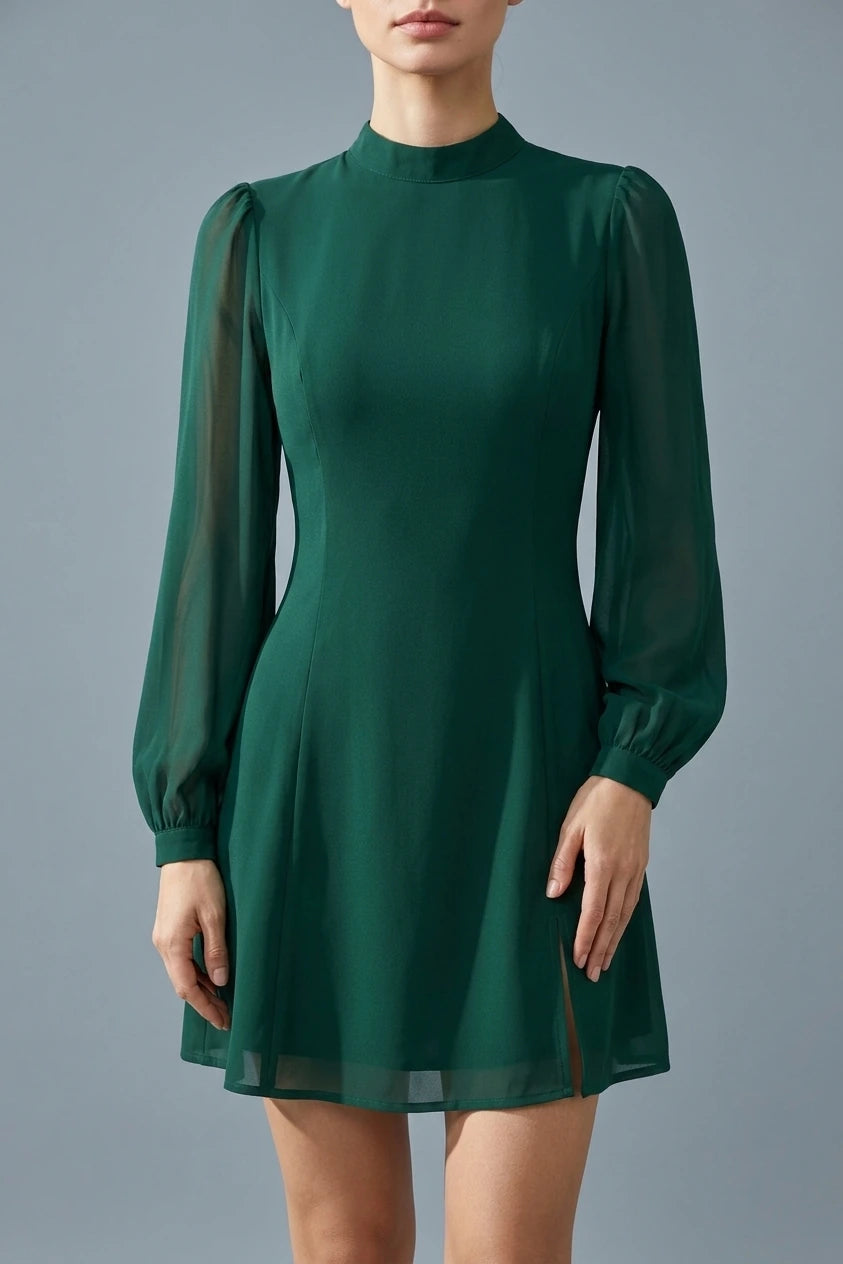 The Green Stand Collar Sheer Slit Mini Dress — variant_front
