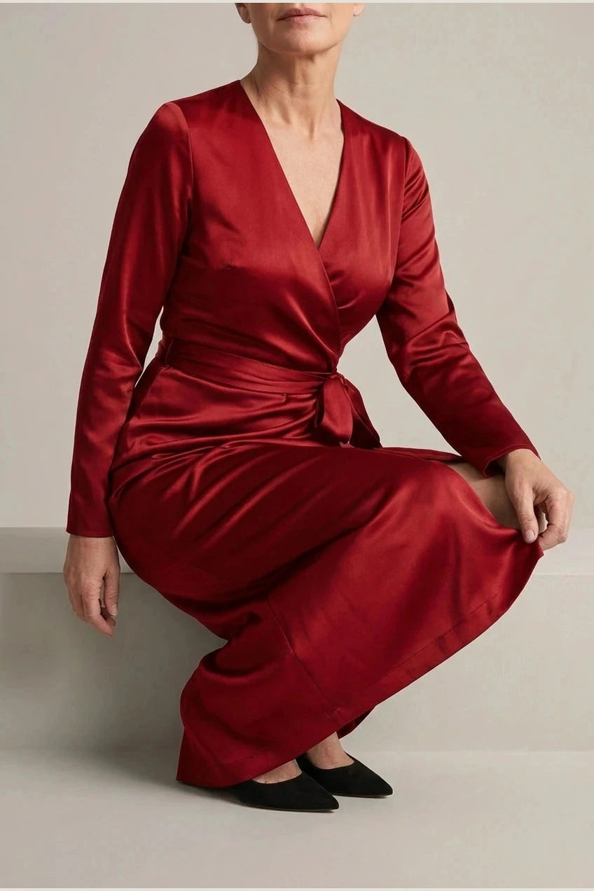 Satin Wrap Midi Dress With V-Neck Tie Waist And Long Sleeves