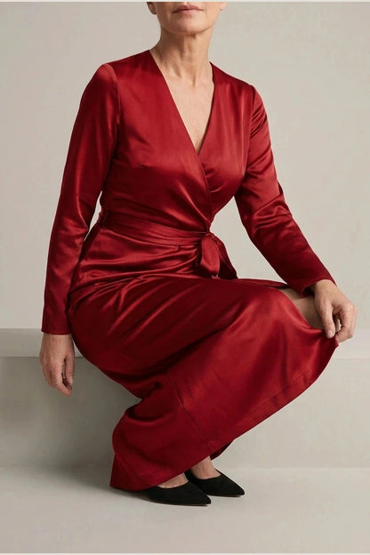 Satin Wrap Midi Dress With V-Neck Tie Waist And Long Sleeves
