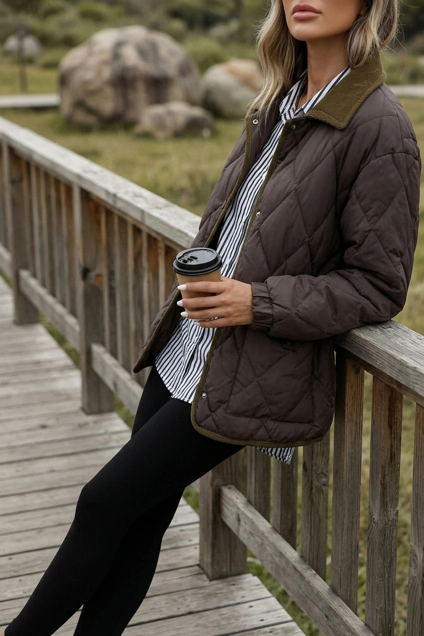 Quilted Jacket with Corduroy Collar and Contrast Trim — variant_front