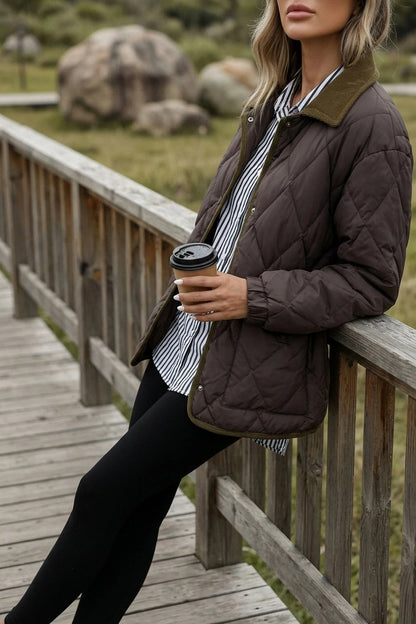 Quilted Jacket with Corduroy Collar and Contrast Trim — variant_front