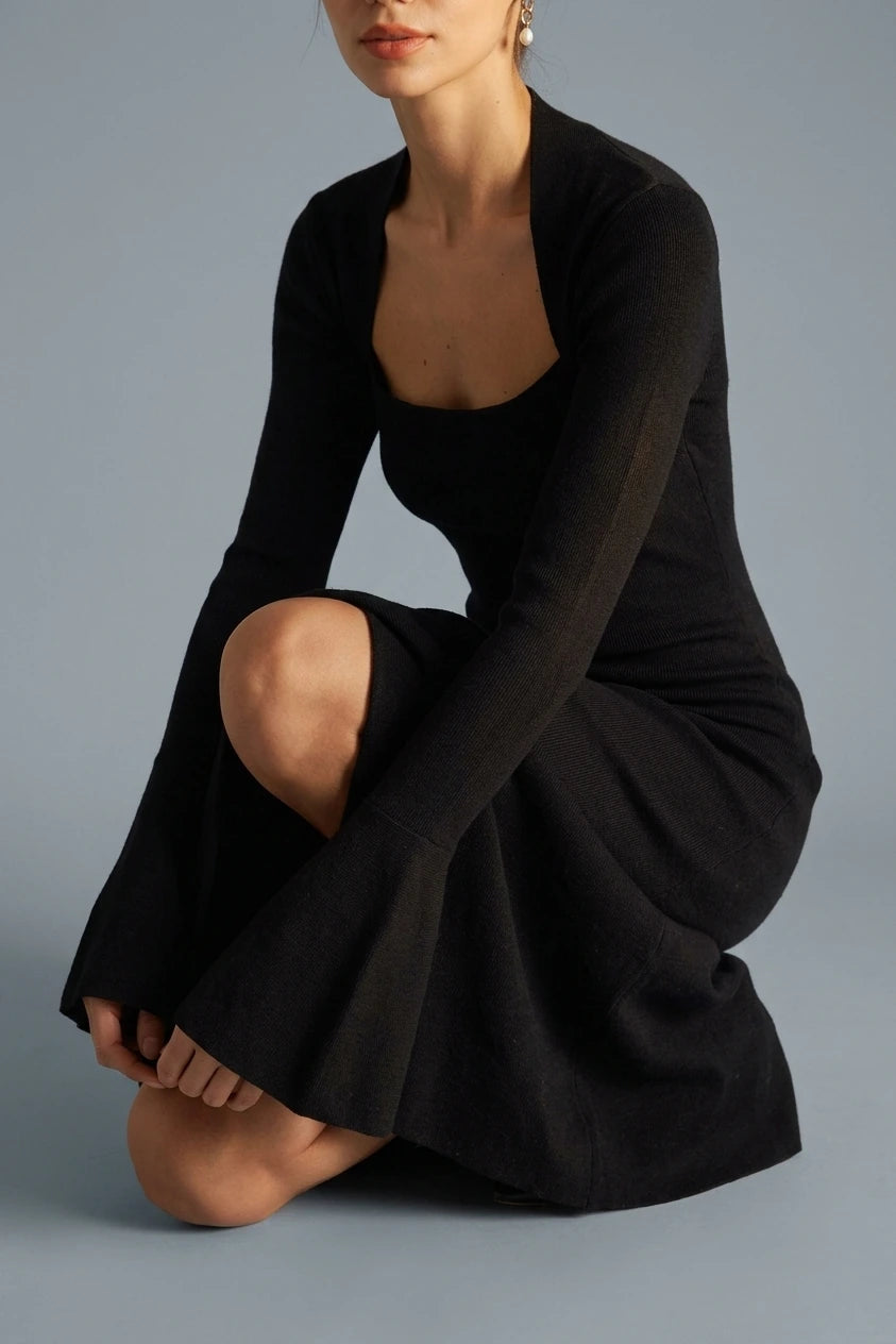 The Black Square Neck Flare Sleeve Midi Dress — variant_front