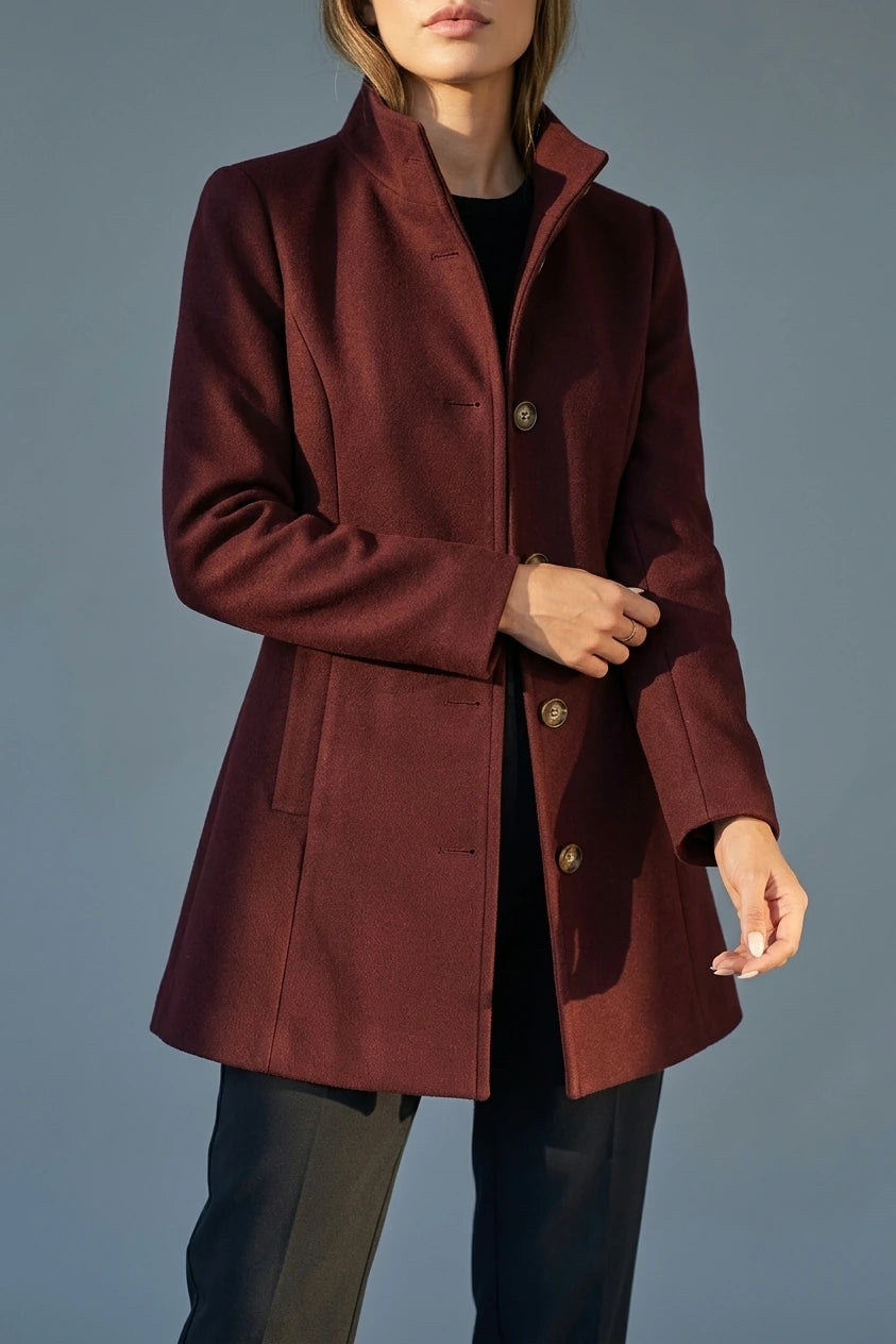 Fitted Wool Coat with Stand Collar and Flared Hem — variant_front