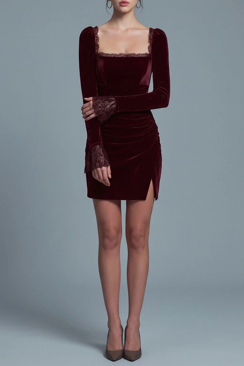 Wine Red Velour Square Neck Mini Dress — variant_front