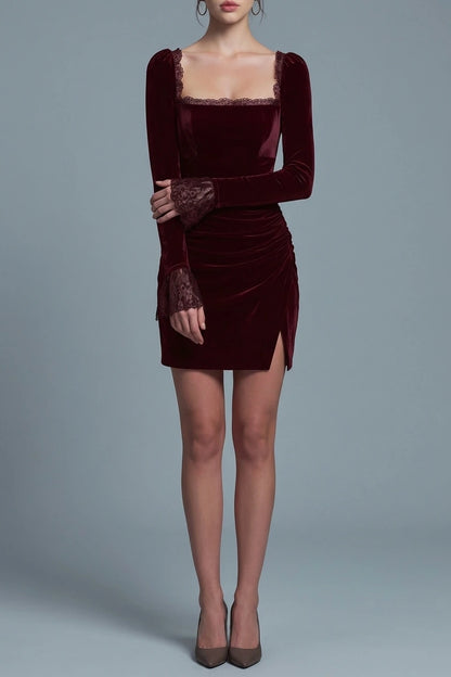 Wine Red Velour Square Neck Mini Dress — variant_front