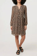 Animal Print Long Sleeve Short Dress V-Neck Button-Front Tiered Mini