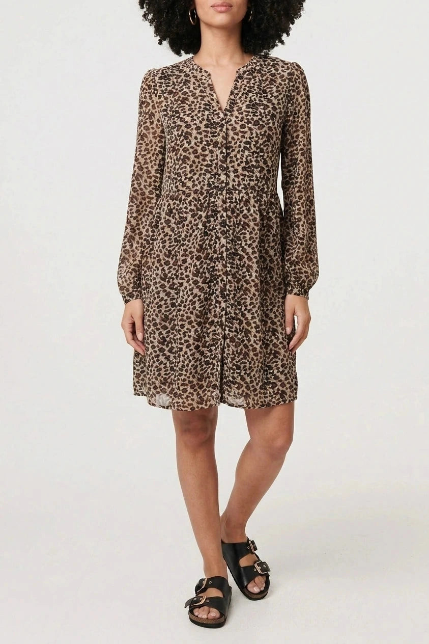 Animal Print Long Sleeve Short Dress V-Neck Button-Front Tiered Mini