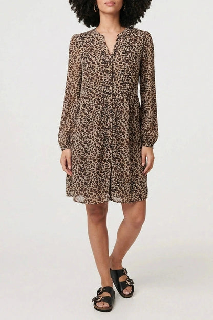 Animal Print Long Sleeve Short Dress V-Neck Button-Front Tiered Mini