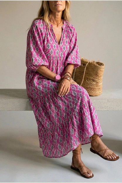 V Neck Tiered Maxi Smock Dress With Balloon Sleeves