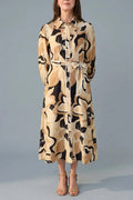 Abstract Floral Midi Shirt Dress Belted Button-Front Long Sleeve