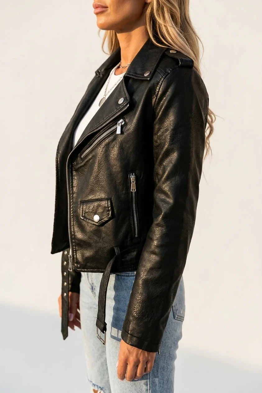 Black Faux Leather Biker Jacket with Asymmetric Zip and Belt — variant_front