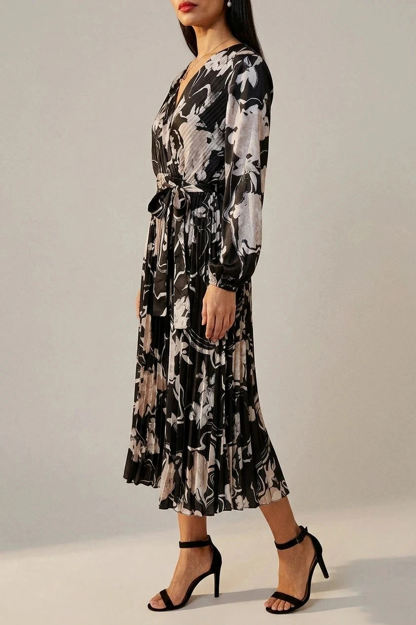 Floral Satin Pleated Midi Dress With Wrap Tie Waist V-Neck Long Sleeve