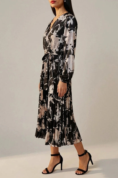 Floral Satin Pleated Midi Dress With Wrap Tie Waist V-Neck Long Sleeve