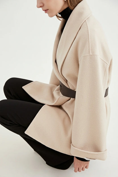 Women's Wrap Coat with Wide Lapel Collar and Tie Belt — variant_front