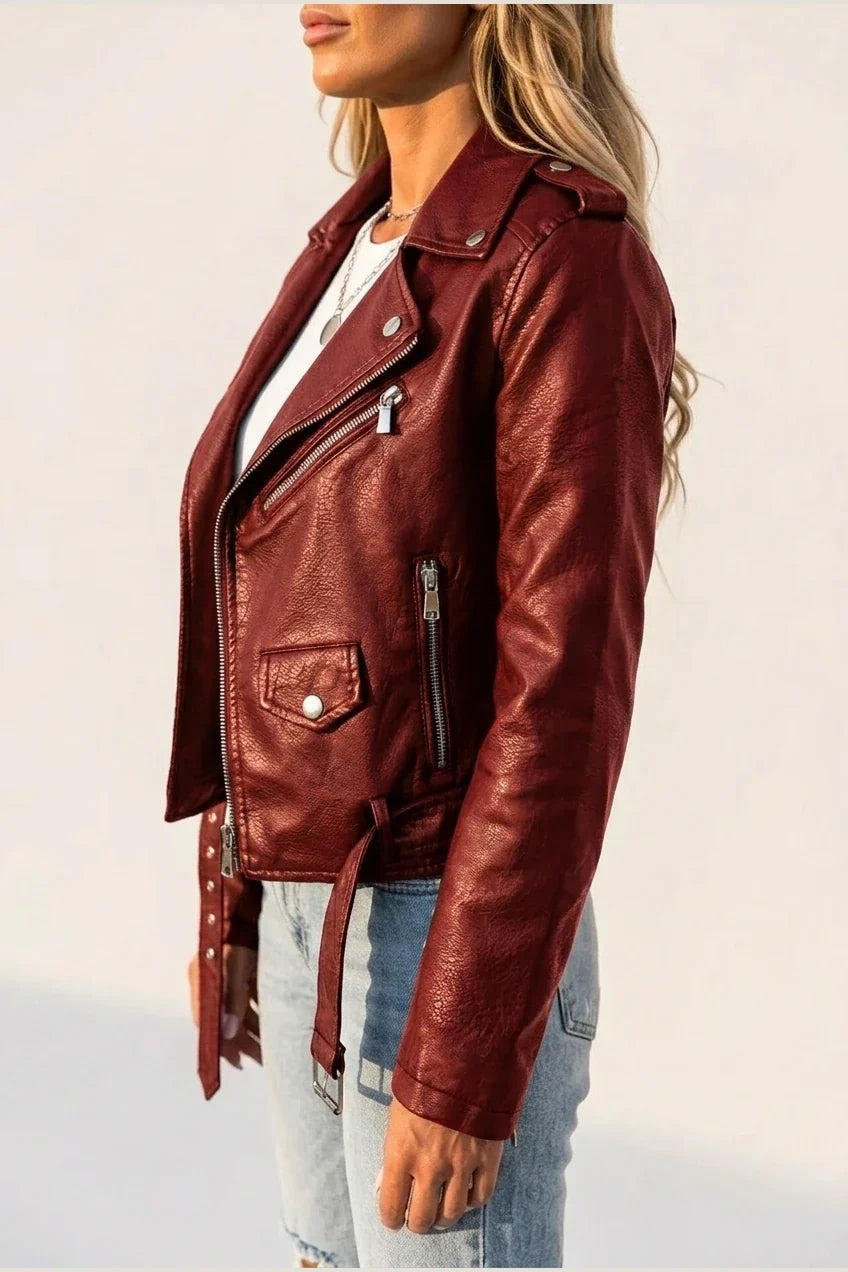 Black Faux Leather Biker Jacket with Asymmetric Zip and Belt — variant_front