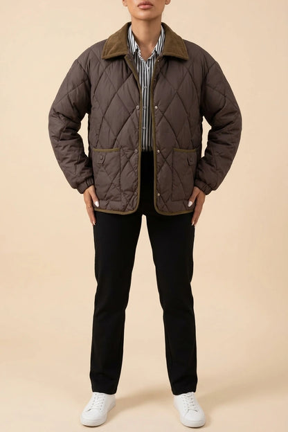 Quilted Jacket with Corduroy Collar and Contrast Trim — variant_front