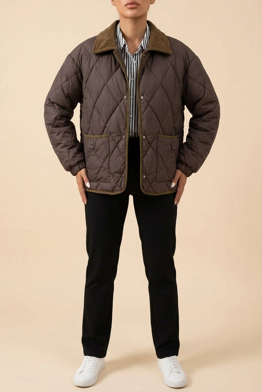 Quilted Jacket with Corduroy Collar and Contrast Trim — variant_front