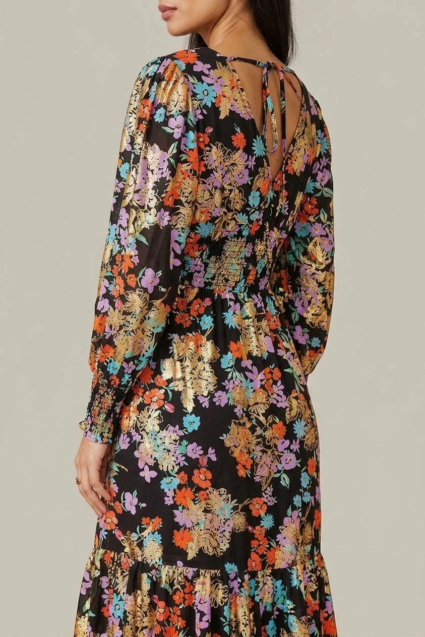 Floral And Foil Ruched Midi Dress With Split Hemline And V Neck