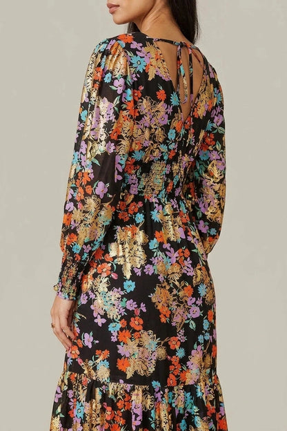 Floral And Foil Ruched Midi Dress With Split Hemline And V Neck