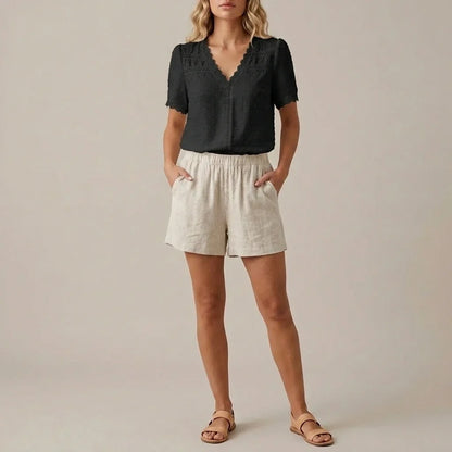 Bohemian Lace Trim Blouse with Swiss Dot Texture and V-Neckline — variant_front