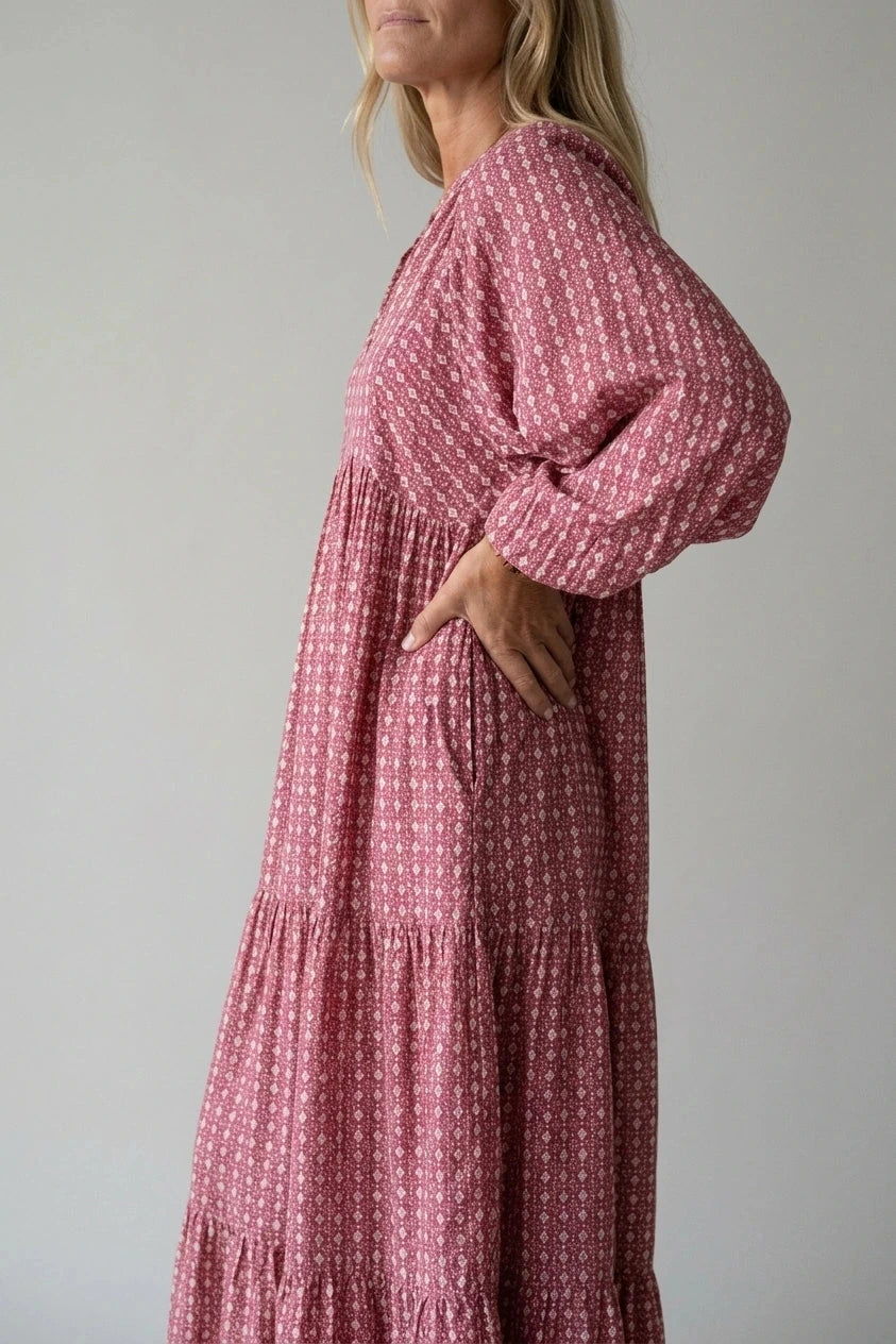 Geometric Print Long Sleeve Midi Dresses V-Neck Tiered Hem