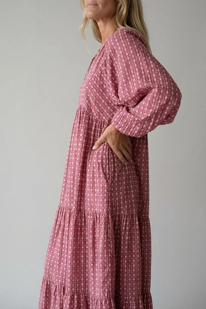 Geometric Print Long Sleeve Midi Dresses V-Neck Tiered Hem