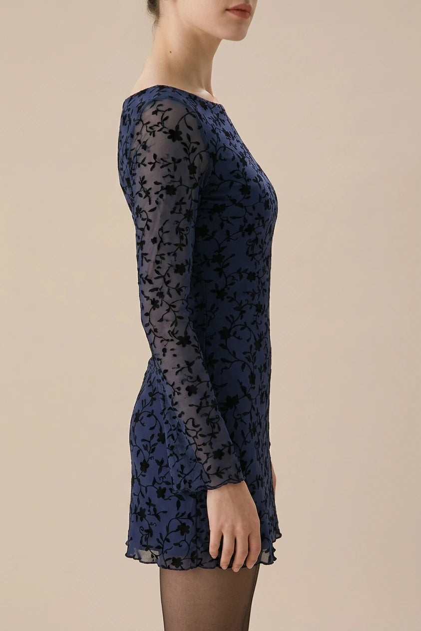 Women's Blue See-through Long Sleeve Mini Dress — variant_front