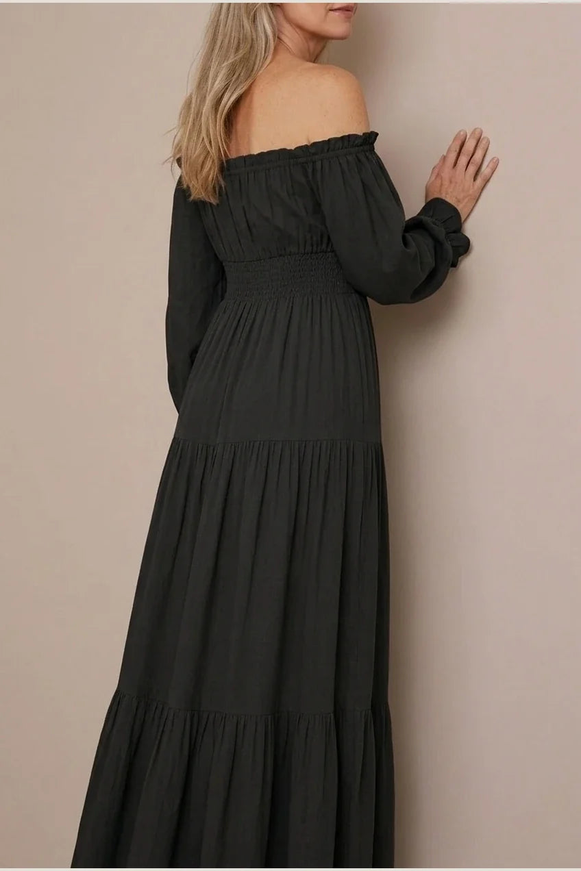 Aveline | Off Shoulder Long Sleeve Smocked Maxi Dress — variant_front