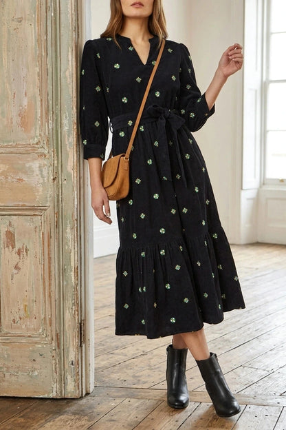 Flower Embroidery Cord Midi Dress with Tie Waist and Puff Sleeves