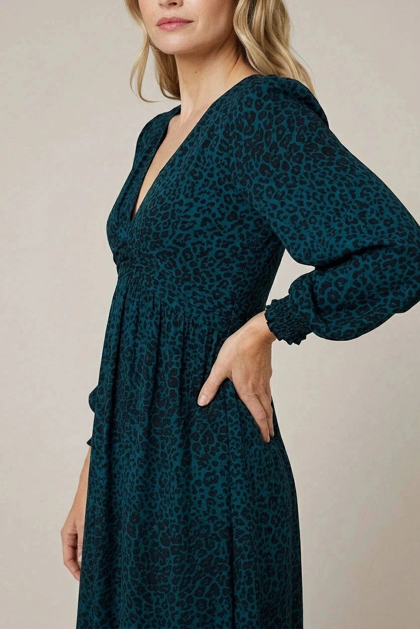 Animal Print Long Puff Sleeve Midi Dress V-Neck Empire Waist