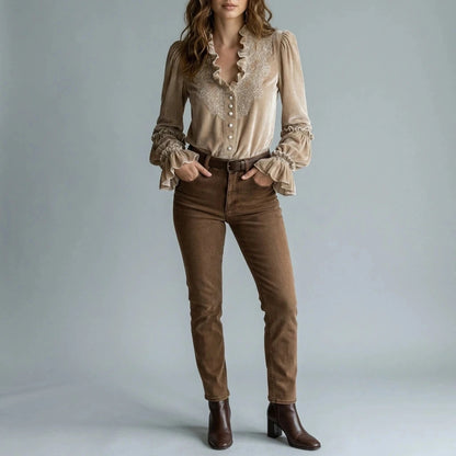 Embroidered Velvet Blouse Lace-Trimmed Romantic Floral Statement Top